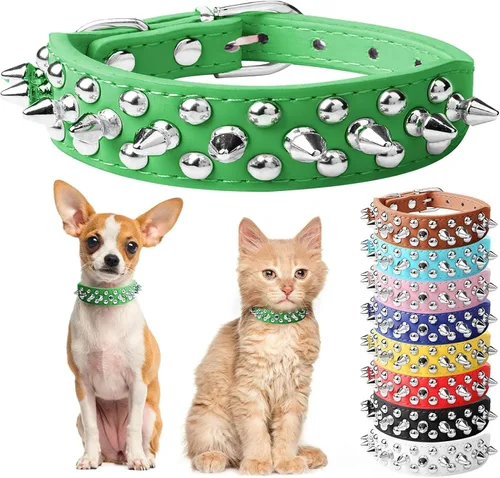Vista 17 de Collar de perro y gato negro con púas pequeñas para perros pequeños y medianos machos – Collar ajustable con tachuelas – Collar de cuero punk