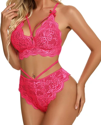 Vista 4 de Conjunto de lencería sexy de brasier y pantaletas con correas finas, de encaje