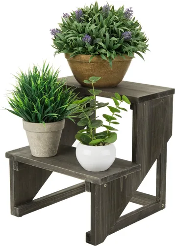 Vista 7 de MyGift Estante de 2 niveles de madera rústica gris oscuro para plantas de escritorio, soporte de maceta estilo granja, organizador de exhibición