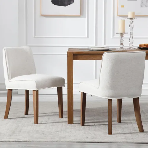 Vista 2 de chairus Juego de 4 sillas de comedor de granja, cómodas sillas de cocina tapizadas de tela de lino, sillas de comedor de madera marrón nogal