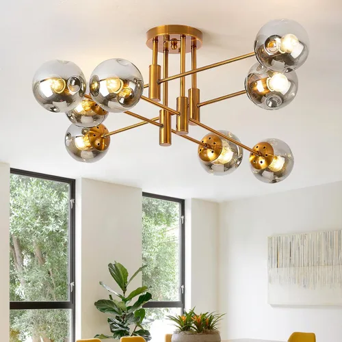 Vista 16 de DDLLDESHI Lámpara de araña de 6 luces dorada con cubierta esférica de vidrio Sputnik, lámpara de techo de 34" de gran tamaño para comedor, lámparas