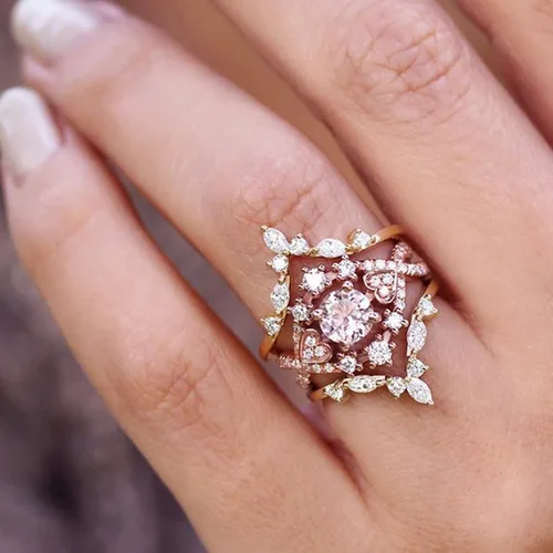 Vista 2 de Anillo de compromiso con circonitas cúbicas de oro rosa, anillo de boda, anillo de cóctel con circonita cúbica, anillo de compromiso redondo