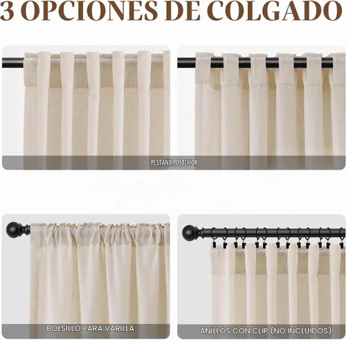 Vista 3 de Naturoom Cortinas de lino de 96 pulgadas de largo y 8 pies para sala de Crema Beige