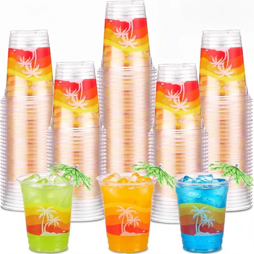 Vista 7 de Rtteri 100 vasos Luau de 12 onzas, vasos de plástico hawaiano tropical para fiesta, a granel, vasos desechables de palmera de coco y coco