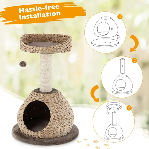Vista 8 de Tangkula Árbol para gatos moderno, torre para gatos pequeña con poste de rascar de sisal natural, condominio para gatos de mimbre hecho a mano