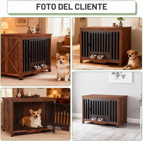 Vista 8 de Muebles de jaula para perros de 33.3 pulgadas, jaulas plegables para perros con cuencos giratorios de 360°, jaula de madera para cachorros con marco