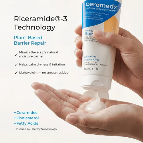 Vista 3 de Ceramedx Champú renovador para cabello y cuero cabelludo con tecnología Riceramide-3 a base de plantas, hidratación profunda para cabello seco