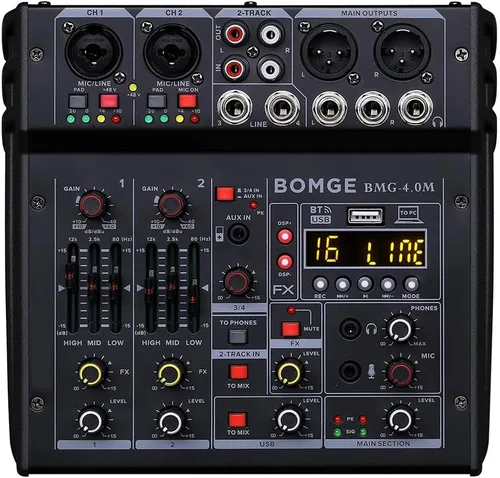 Vista 10 de BOMGE 04E mezclador de audio de karaoke, mezclador de 4 canales con micrófono inalámbrico UHF dual de 329 pies, consola de tablero de sonido