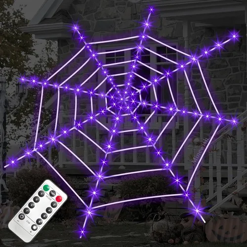 Vista 7 de Decoración de Halloween de telaraña para exteriores, 125 luces LED moradas de 16.4 pies, araña grande de 60 pulgadas, 22 arañas pequeñas y telaraña