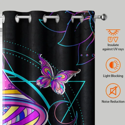 Vista 4 de HOSIMA Cortinas mágicas de hongos 2 paneles, cortinas de mariposa floral con mandala para sala de estar, decoración de habitación de moda para niñas