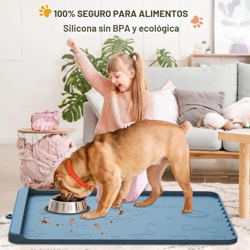 Vista 7 de Tapete para Comida de Perro - Tapete de Silicona para Perro para Comida y Agua - 36" x 24" Tapetes Grandes de Alimentación para Mascotas con Azul