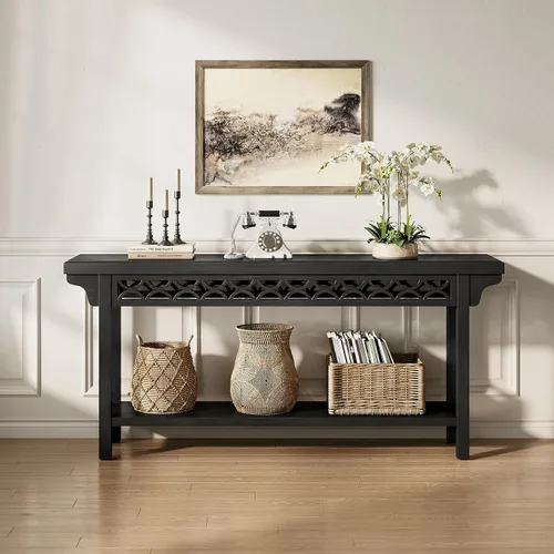 Vista 4 de LITTLE TREE Consola de 70.87 pulgadas de largo, mesa de entrada estrecha de madera maciza con estante, mesa de sofá rústica para sala de estar, Negro