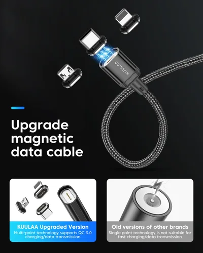 Vista 4 de Kuulaa Paquete de 3 cables de carga magnéticos, cable Lightning magnético, cargador de teléfono magnético de 3 A, carga rápida con puntas de carga 3