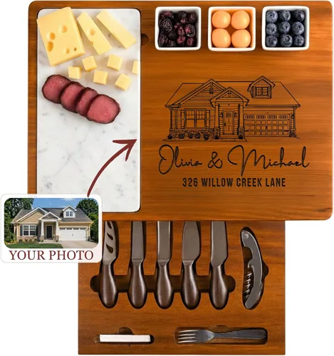 Vista 10 de Juego personalizado de tablas para charcutería de madera de acacia con cuchillos de acero inoxidable – Tabla de queso personalizada para regalo