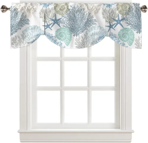 Vista 33 de Cenefa de amarre para ventanas, cortinas náuticas costeras de coral, cenefas con bolsillo para barra, cortinas de ventana con temática de playa