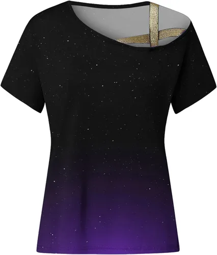 Vista 3 de JEGULV Graphic Tee Shirts for Women, Ladies Casual Trendy Cold Shoulder Tee Short Sleeve Tunic Dressy Casual T Shirts