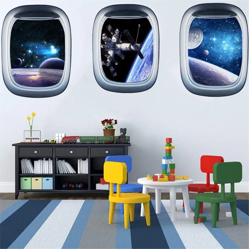 Vista 2 de Adhesivos de pared 3D de cápsula espacial para ventana, universo, espacio exterior, despegar y pegar, calcomanía de astronauta extraíble