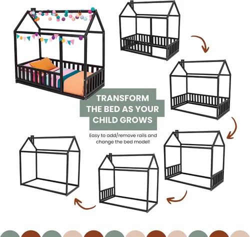 Vista 2 de Cama para niños pequeños con rieles, Cama en forma de casa, Cama Montessori con rieles, Cama para niños, Cama de casa, Cama de piso para niños, Cama