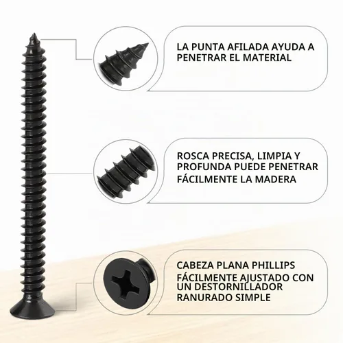 Vista 2 de Kit surtido de 440 piezas de tornillos de cabeza plana Phillips para madera, tornillos autorroscantes de acero al carbono con taladro para madera