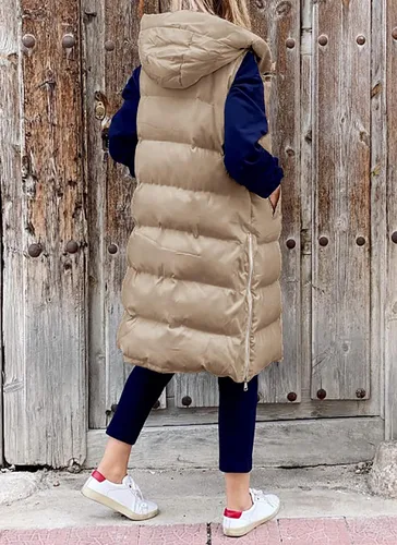 Vista 2 de Avilego Chaleco largo con capucha para mujer, con cierre completo, sin mangas, acolchado, chaqueta de moda