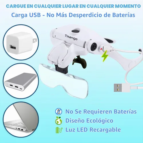 Vista 5 de Lupa de diadema iluminada recargable, herramienta de aumento manos libres para joyas, extensiones de pestañas, reparación de relojes, punto de cruz