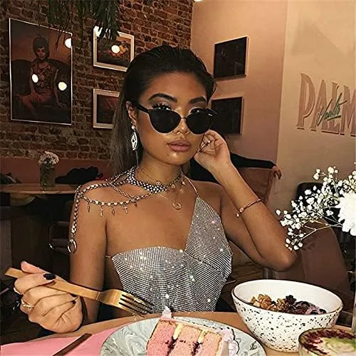 Vista 2 de Women Sexy Shiny Rhinestone Tank Top Deep V Neck Halter Metal Body Chain Crop Top Shirt for Night Club Party Rave Outfit
