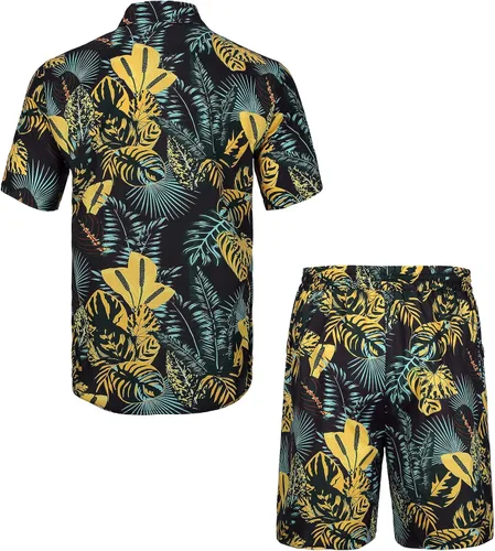 Vista 2 de Camisas hawaianas para hombre, estilo casual, con botones, manga corta, pantalones cortos estampados, trajes de vacaciones en la playa tropical