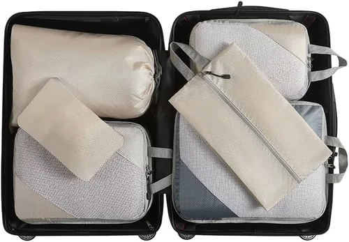 Vista 3 de Abelloly 6 juegos de cubos de viaje de compresión de nailon beige, bolsas organizadoras de viaje para equipaje (grande, mediano, pequeño), tres