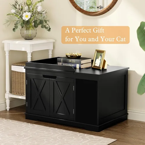 Vista 6 de PUPETPO Cajas de arena para gatos con tapa abatible, caja de arena cubierta, muebles ocultos, gabinete de baño de madera para gatos, gatos medianos