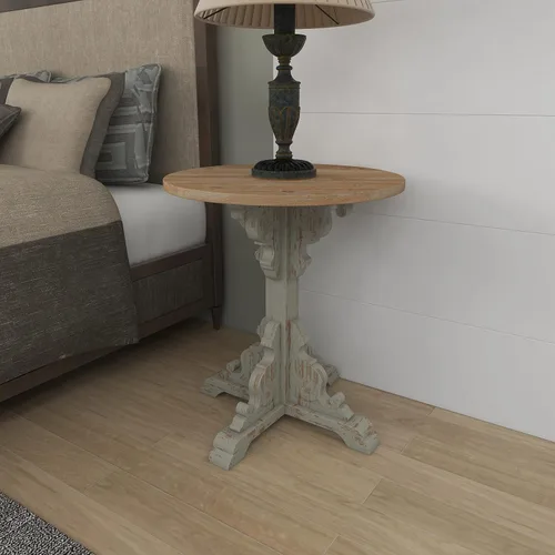 Vista 6 de Deco 79 Mesa auxiliar de madera con desplazamiento lateral, mesa auxiliar tallada envejecida con parte superior de madera marrón, mesa auxiliar