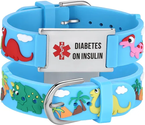 Vista 9 de LinnaLove Medical Alert ID Bracelet – Custom or Pre-Engraved, QR Code Available,Blue Dinosaur Band