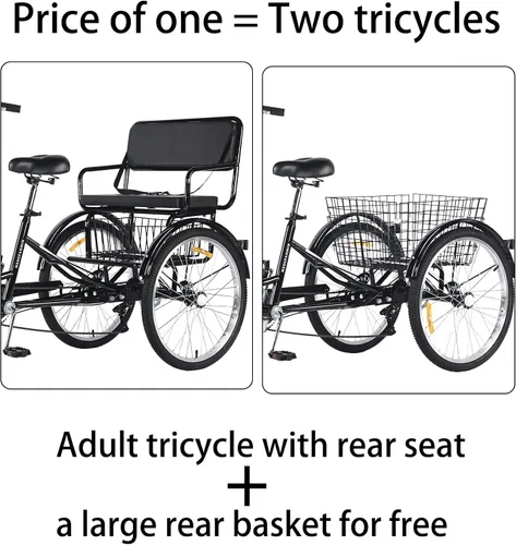 Vista 5 de Triciclo para adultos de 7 velocidades, bicicletas de 3 ruedas con asiento trasero, triciclo para adultos de 20/24 pulgadas, ruedas bajas con cesta