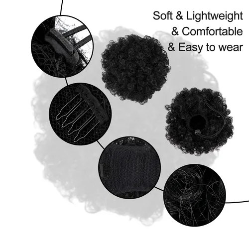 Vista 2 de WILLBOND 2 extensiones de cola de caballo afro con cordón para mujeres negras, pelo rizado, extensiones cortas sintéticas con clip, extensiones