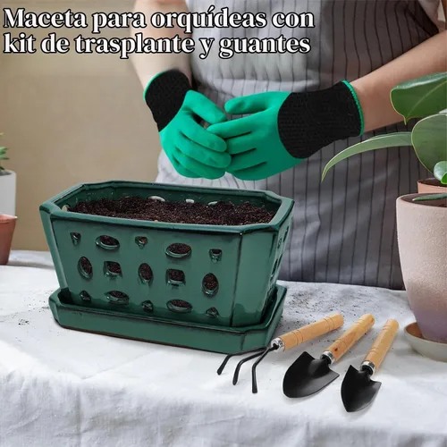 Vista 5 de Pumtus Maceta de cerámica para orquídeas con platillo y agujeros, maceta rectangular grande con guantes y 3 palas, maceta decorativa esmaltada
