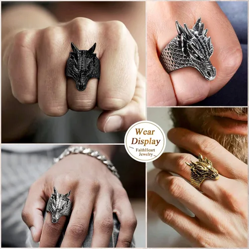 Vista 6 de FaithHeart Anillos de dragón punk para hombres y mujeres, acero inoxidablechapado en oro de 18 quilates, joyería de mitología nórdica con delicado