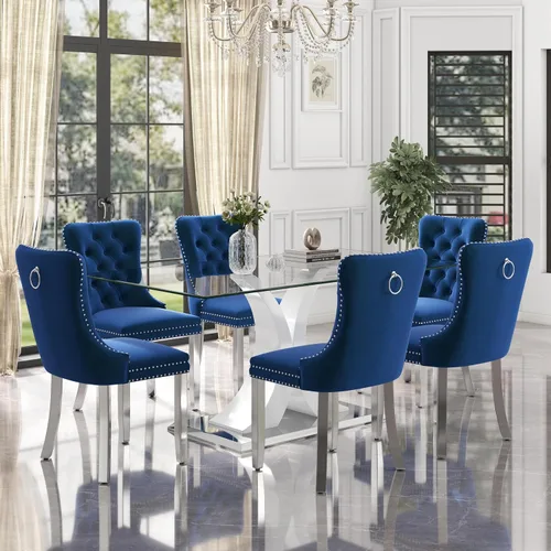 Vista 12 de Juego de comedor de cristal moderno de lujo de 7 piezas, juego de cena rectangular minimalista grande para 6, mesa de cocina de cristal transparente