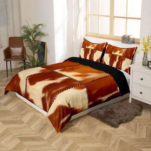 Vista 2 de Juego de ropa de cama con estampado de piel de vaca para niños, juego de funda de edredón con patrón de piel de vaca, juego de funda de edredón