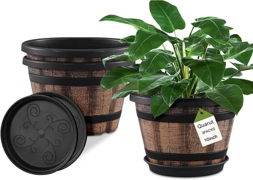 Vista 12 de Juego de Macetas Quarut de 4 Piezas de 12 Pulgadas, Paquete de Grandes Macetas de Barril de Whiskey con Agujeros de Drenaje y Platillo. Macetas