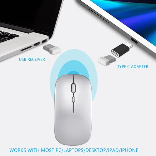 Vista 7 de AE WISH ANEWISH Ratón inalámbrico de modo dual (Bluetooth 4.0+USB), ratones silenciosos recargables con receptor USB, mouse Bluetooth delgado