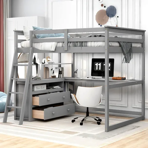 Vista 16 de Cama loft de madera tamaño matrimonial con escritorio en forma de U y espejo de tres pliegues, base de cama tipo loft multifunción con Espresso-10.16