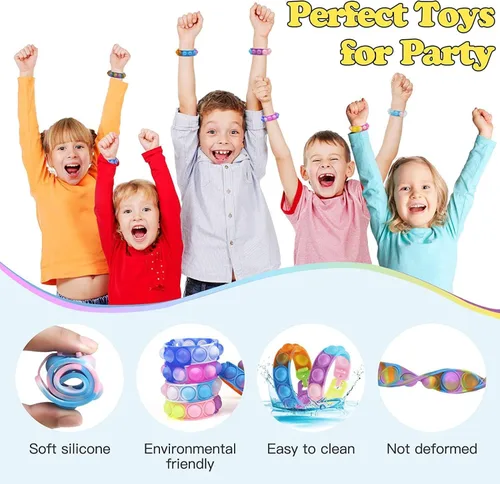 Vista 2 de 15 pulseras Push Pop, recuerdo de fiesta para niños, paquete de juguetes para la ansiedad, pulsera para aliviar el estrés para niñas, niños