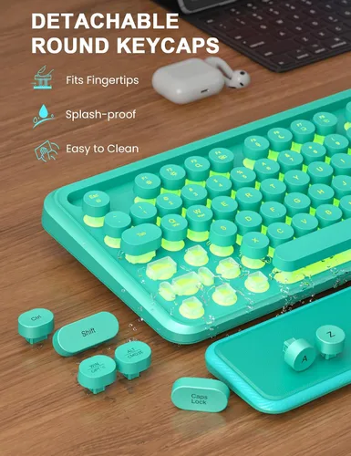 Vista 8 de Combo de teclado y mouse inalámbricos: teclado retroiluminado con reposamuñecas magnético y soporte para teléfono, teclas redondas iluminadas, juego