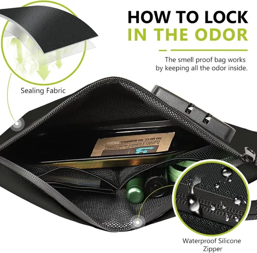 Vista 3 de OZCHIN Bolsa a prueba de olores con cerradura de combinación de 10 x 7 pulgadas, bolsa de bloqueo de piel sintética impermeable con cerradura, gran