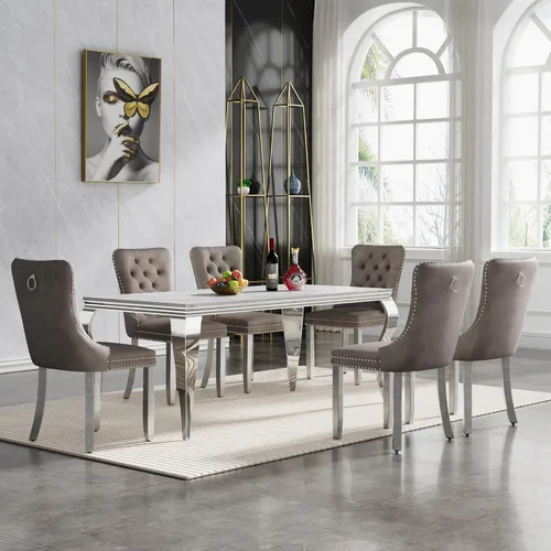 Vista 55 de HomVent Juego de mesa de comedor moderna de mármol sintético para 4 personas, mesa de cocina rectangular con 4 sillas beige (dorado)