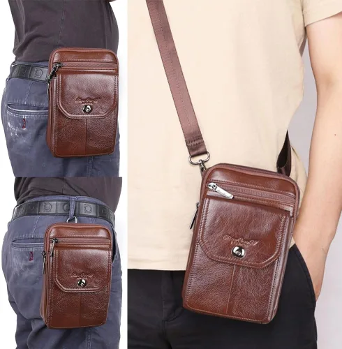 Vista 2 de Riñonera de piel de vaca de capa superior para hombre, riñonera lateral, bolsa para teléfono inteligente, modelo 8-marrón