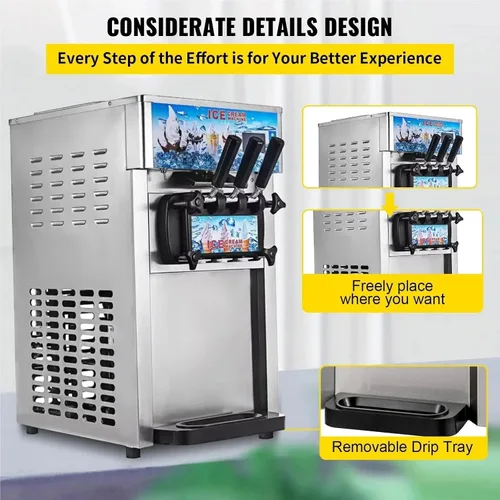 Vista 7 de Máquina de helado comercial con 3 sabores, fabricante de yogur, pantalla LCD, limpieza con un solo clic, 18L/H Soft Serve Ice Maker