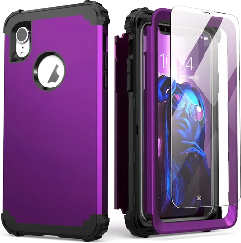 Vista 23 de IDweel Funda para iPhone XR, funda para iPhone XR con protector de pantalla de vidrio templado, 3 en 1, a prueba de golpes, delgada, híbrida, Negro