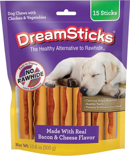 Vista 9 de DreamBone DreamSticks con sabor real a tocino y queso, palitos masticables para perros sin cuero crudo (paquete de 30)