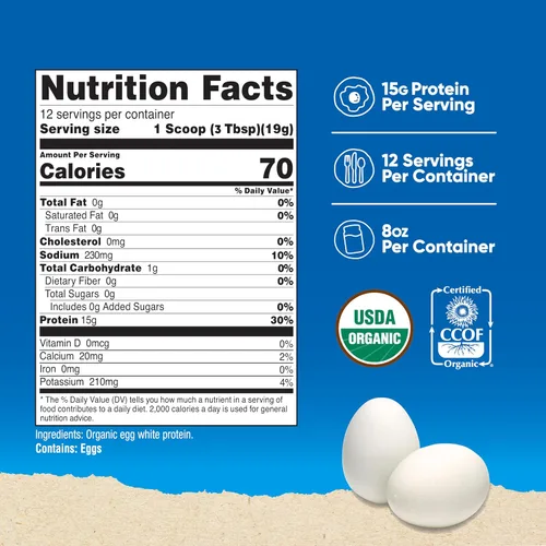 Vista 2 de Nutricost Proteína orgánica de clara de huevo en polvo, 8 onzas (sin sabor), 0.51 onzas de proteína por porción, sin OMG, sin gluten