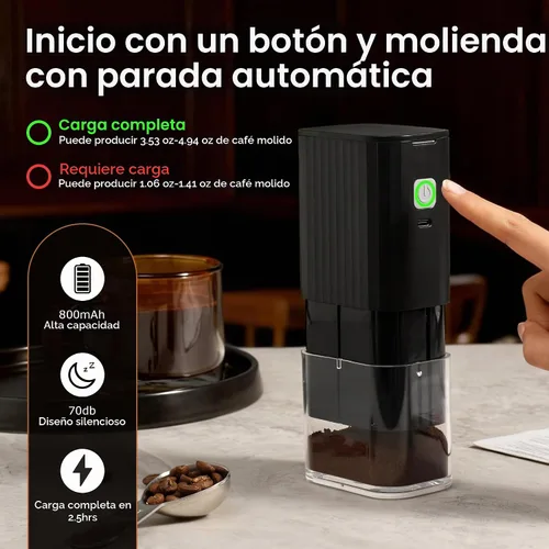 Vista 5 de VEVOK CHEF Molinillo de café eléctrico portátil, molinillo de grano de café cónica ajustable, molinillo de un botón con recargable por USB, parada